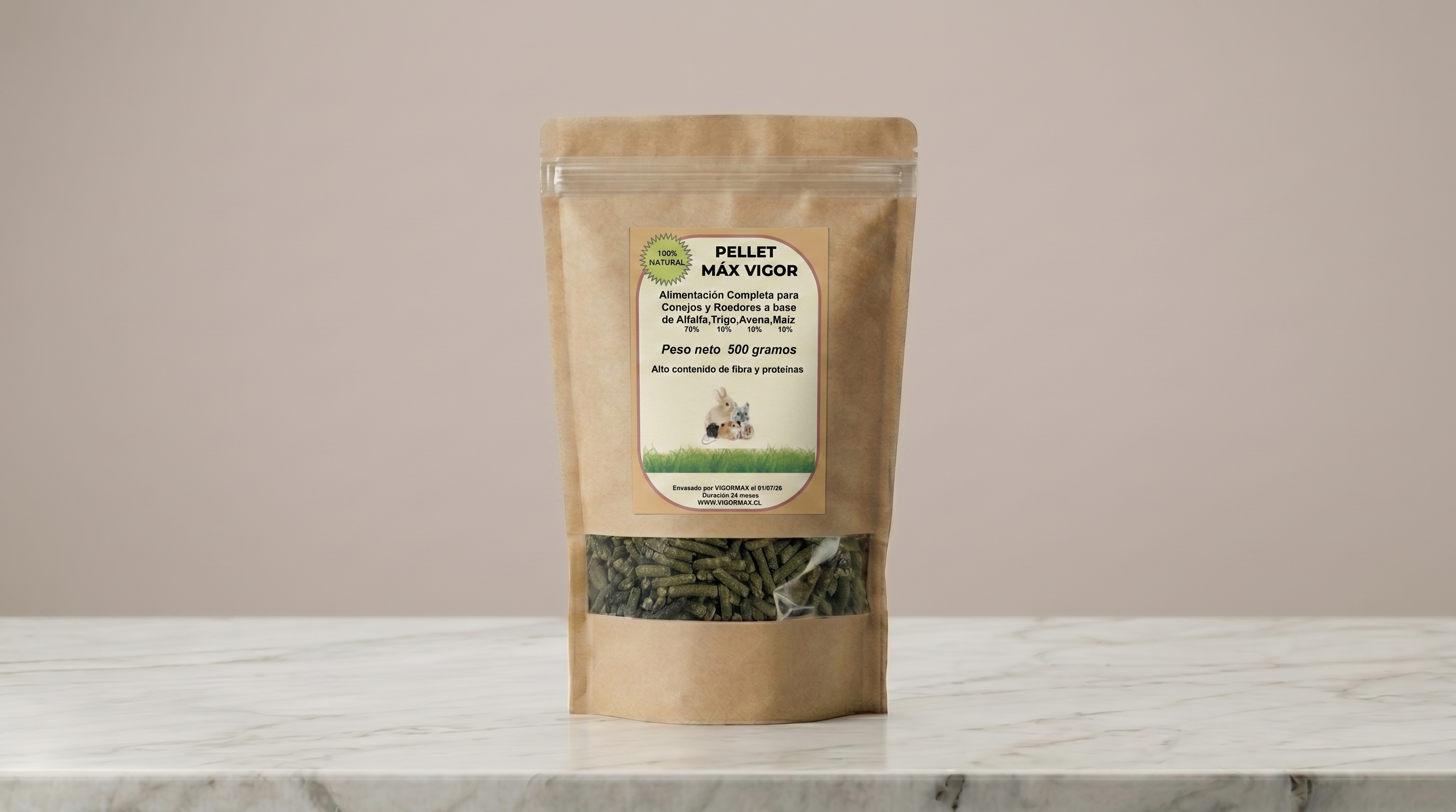 Pellet de alfalfa 70%, trigo 10%, maíz 10% y avena 10% formato medio kilo